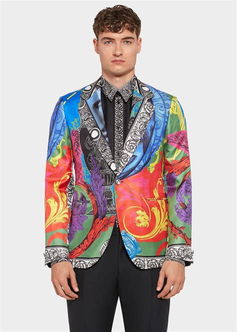 Versace Mens Magna Grecia Multicolor Print Silk Dinner Jacket 